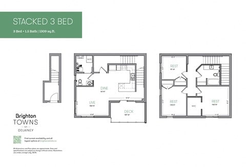 Floor plan for 3 beds, 1.5 baths, 1309 sqft